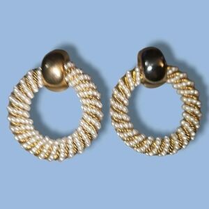 Vintage 80s 90s Big Chunky Gold Tone Faux Pearl Rope Door Knocker Earrings